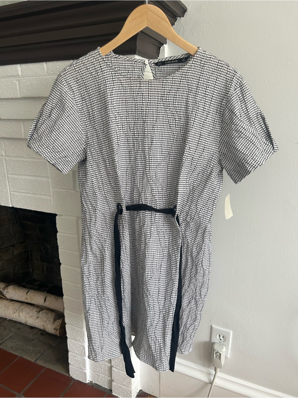 Zara Black & White Checked Short Sleeve Dress with Tie Waist